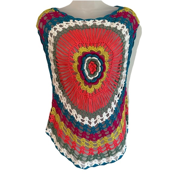 Vila Milano Tops - Crochet Top Sz S/M Colorful Open Knit Flower Festival Hippie Stretch Sleeveless